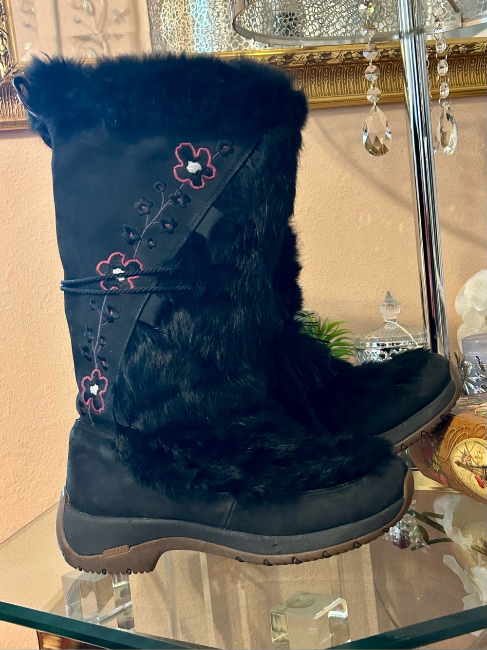 Ulu Black Rabbit Fur Winter Boots with Pink Floral Stitching Size 7